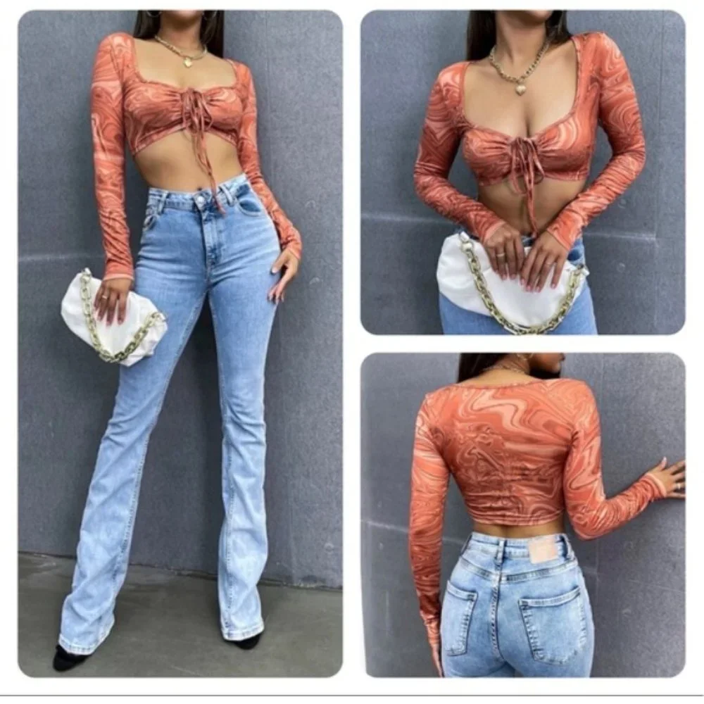 Orange Marbled Cinch Front Top Cropped - Picture 2 of 12